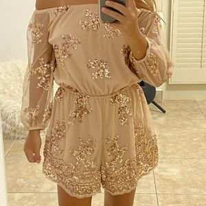Off Shoulder Rose Gold Sequin Romper